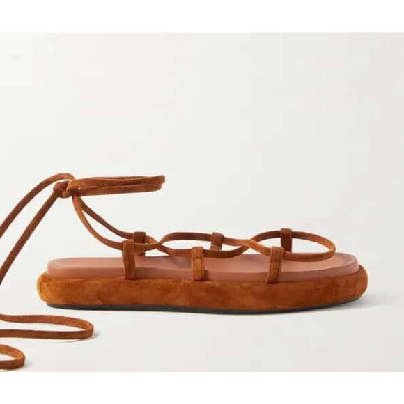 KHAITE Alba Brown Suede Leather Trimmed Strappy Tie Up Ankle Sandals Size 37 - Picture 1 of 15